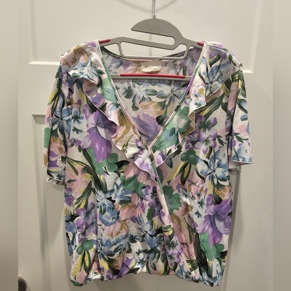 MELLODAY Floral Ruffle Wrap Top XL Pastel Multicolor Short Sleeve Blouse